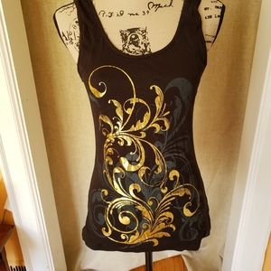 Greensource black tank with gold and gray design on front, size small